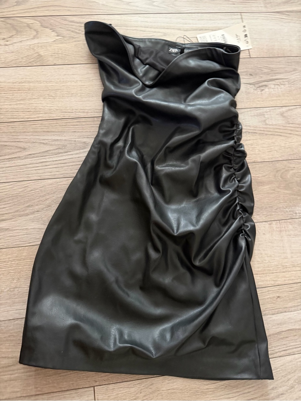 Zara Black Strapless Faux Leather Ruched Dress